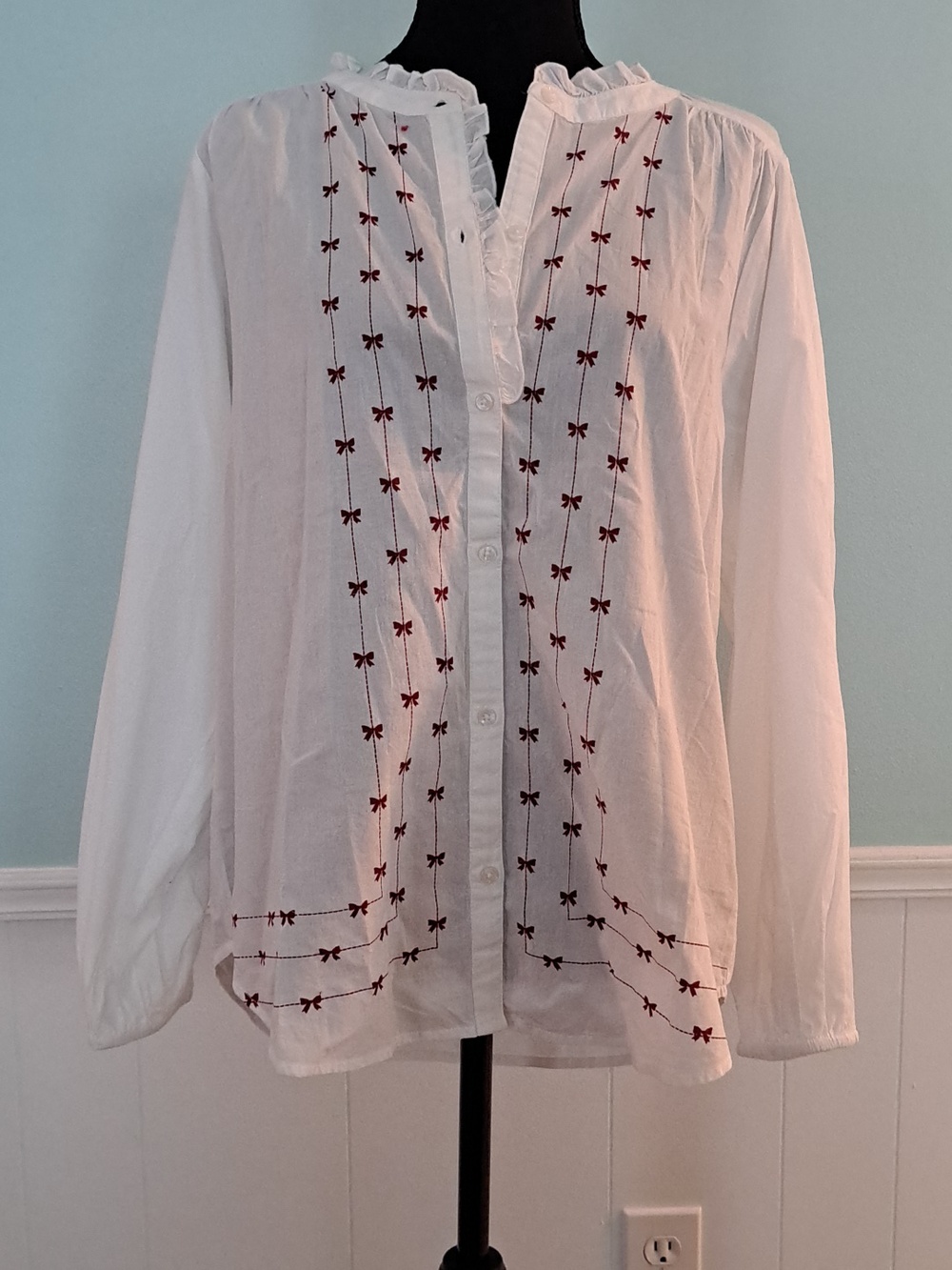 LUCKY BRAND White Cotton Blouse w/Printed Bows Design, Long Sleeve, Size M